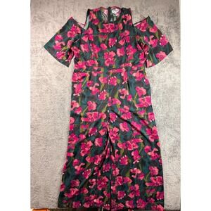 Rebdolls Plus Size 3X Cold Shoulder Floral Satin Wide Leg Jumpsuit Romper Teal